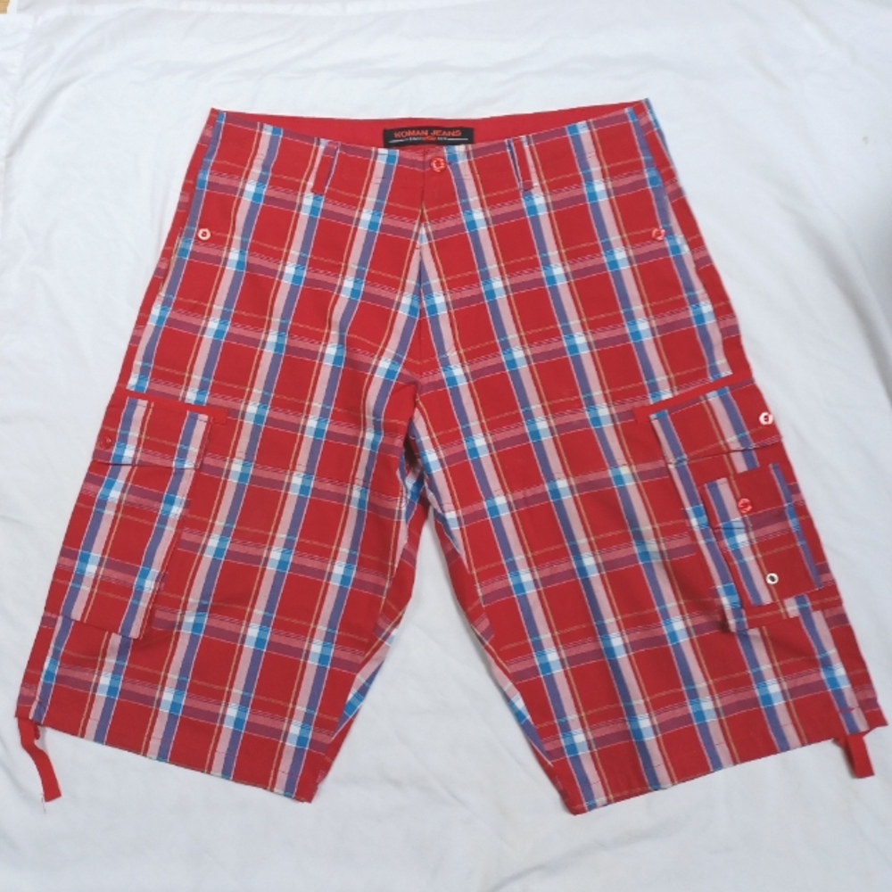 Koman Jeans Red White & Blue Plaid Long Cargo Shorts XXL 2XL (38-41)